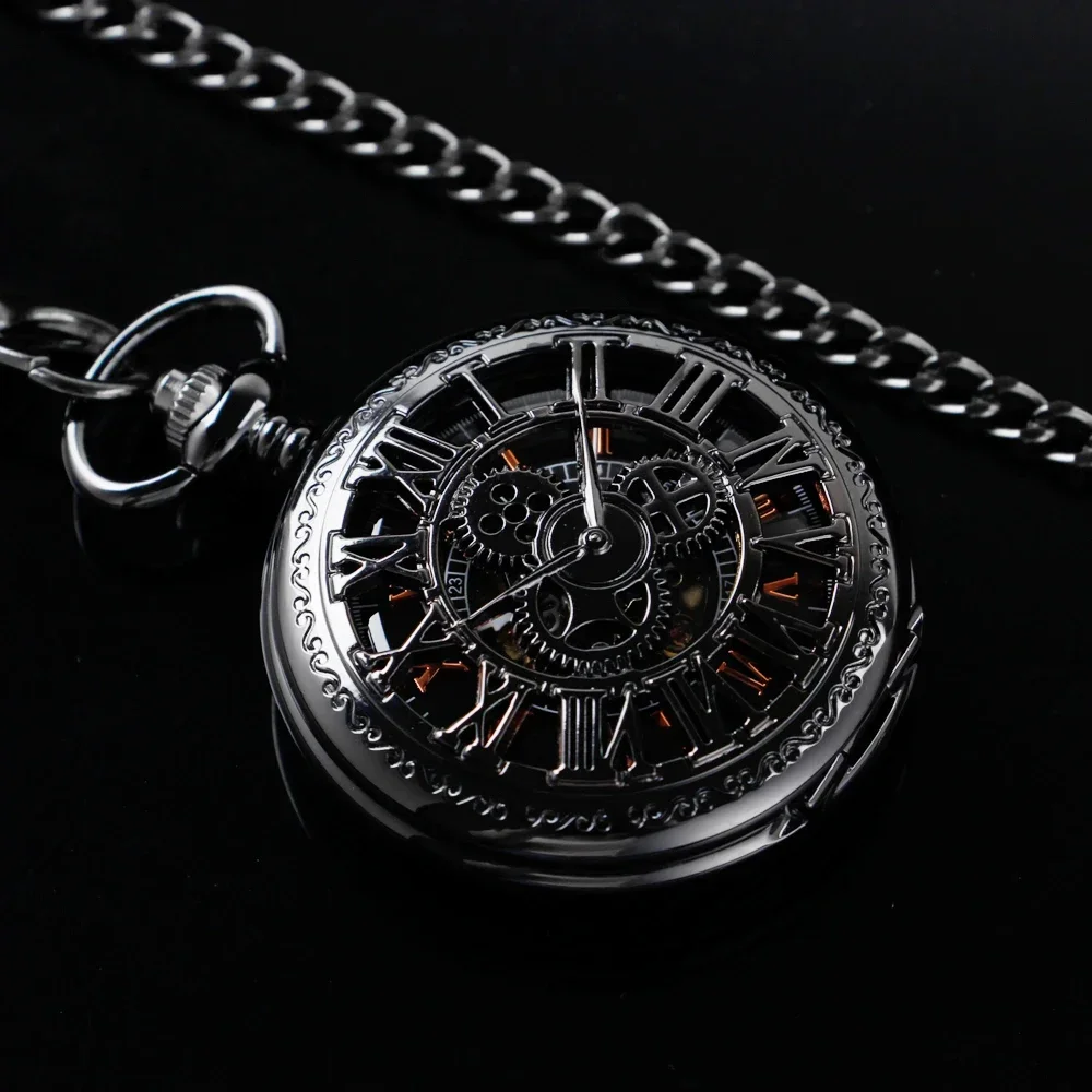Mode Zwart Tandwiel Holle Romeinse Cijfers Hunter Mechanische Handopwinding Mechanisch Zakhorloge Zakketting Mannelijke PJX1692