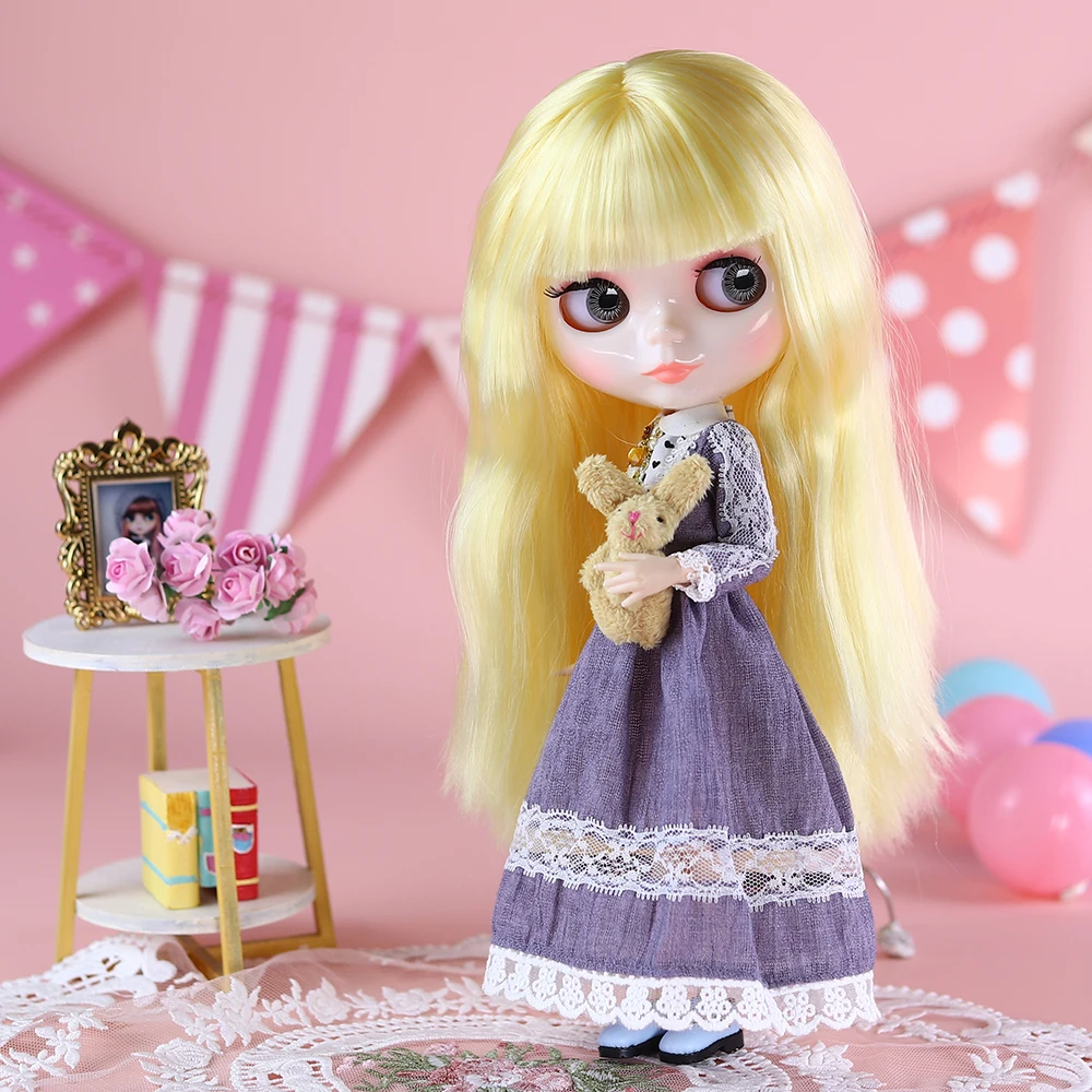 Icy dbs blyth pele justa rosto brilhante longo cabelo loiro com franja bjd 30cm boneca incluindo vestido menina festival presente de aniversário