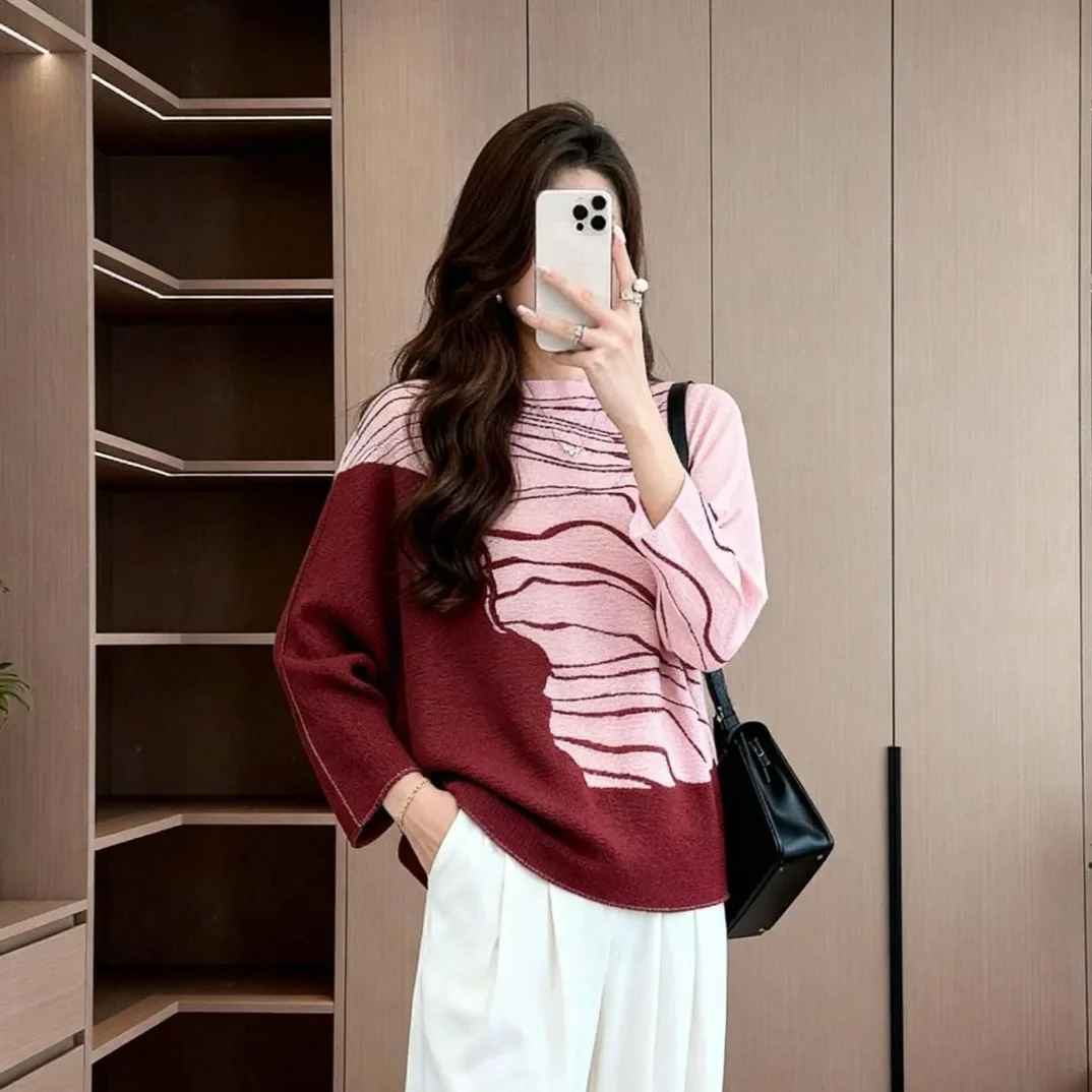 

Miyake Geometric Colorblock Printed Women's T-Shirt Handmade Pleated Batwing Long Sleeve Casual Loose Elastic