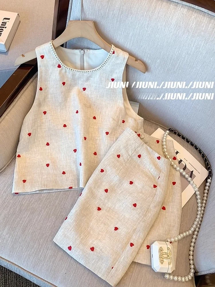 

Повседневная юбка трапециевидной формы с милым сердечком, комплект из двух предметов, элитный женский летний наряд Faion, круглый шелковый топ из необлевого шелка