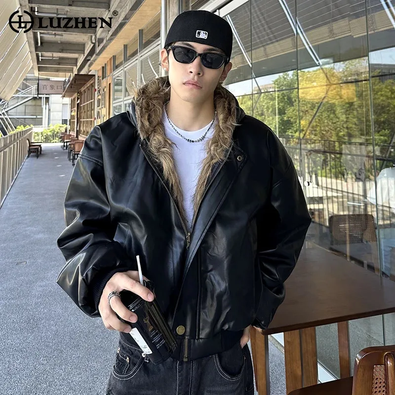 

LUZHEN 2025 осенняя новая двусторонняя теплая кожаная куртка из искусственного меха, мужская модная уличная одежда, свободное мужское пальто с капюшоном JY4845