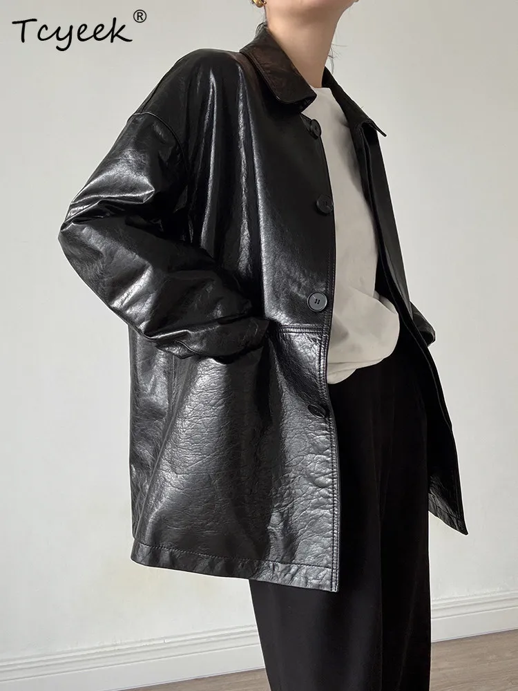 Kurtka damska Tcyeek z prawdziwej skóry, odzież wiosenno-jesienna, płaszcz ze skóry koziej licowej, modny płaszcz trencz o średniej długości dla kobiet, kolekcja 2025