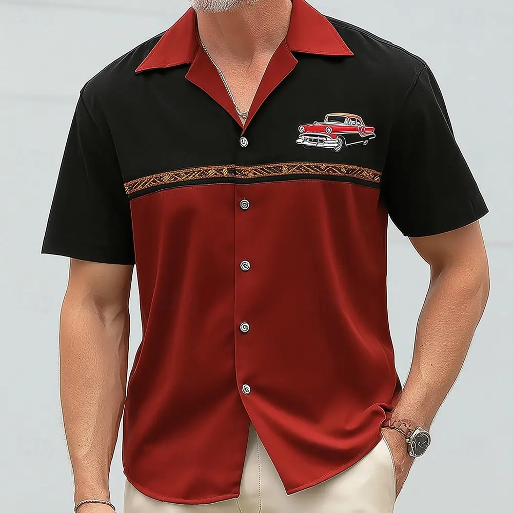 

Men's Fashion Car Geometric Color Block Bowling Shirt, Short Sleeve Collar Button Up Shirt, Vacation Outfits for Spring Summer