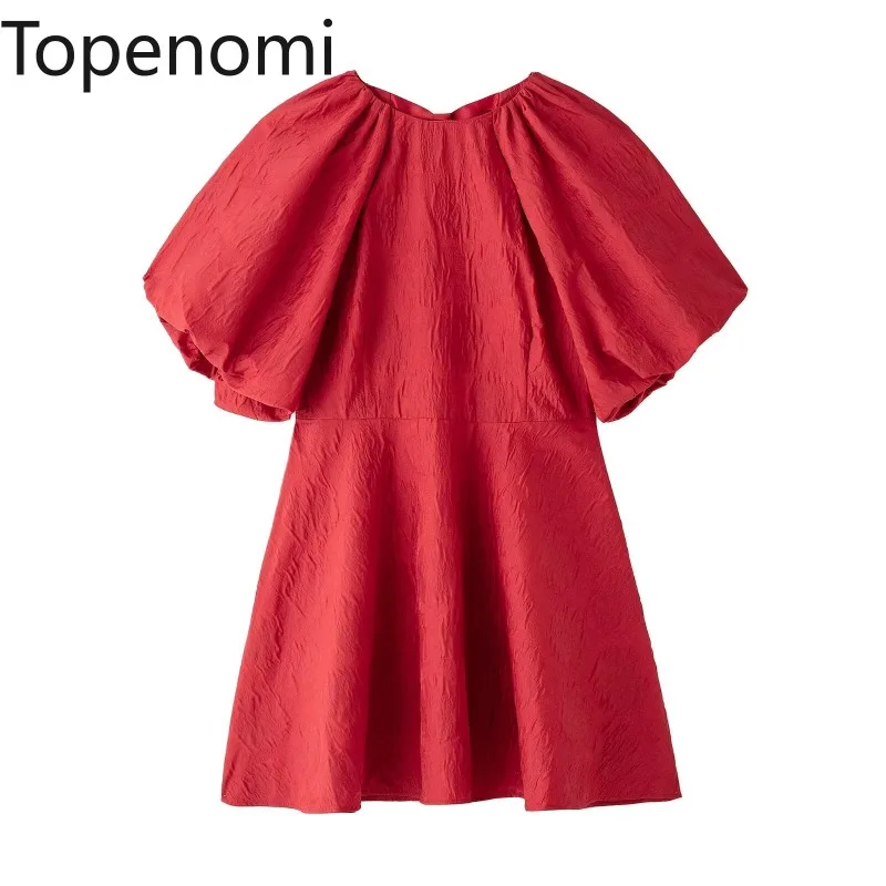 Topenomi Women Red Dress Fashion Back Lace Up Jacquard Puff Sleeve A Line Short Dresses 2025 New Elegant Evening Party Vestidos