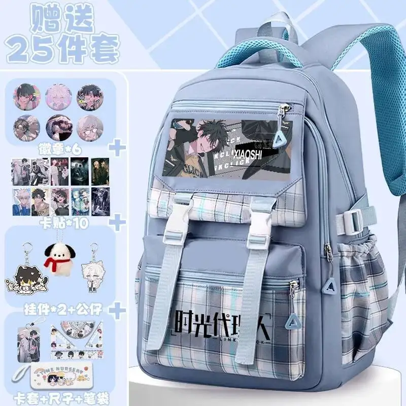 

Anime Game Breathable Mesh Tartan Plaid Black Pink Link Click Student School Bags Large Capacity Backpacks Girls Cute