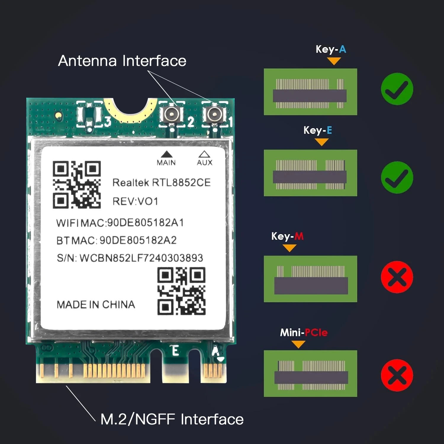 2400Mbps トリプルバンド WiFi 6E Bluetooth 5.3 アダプター ワイヤレス信号受信カード NGFF M.2 Windows 10/11 用 RTL8852CE