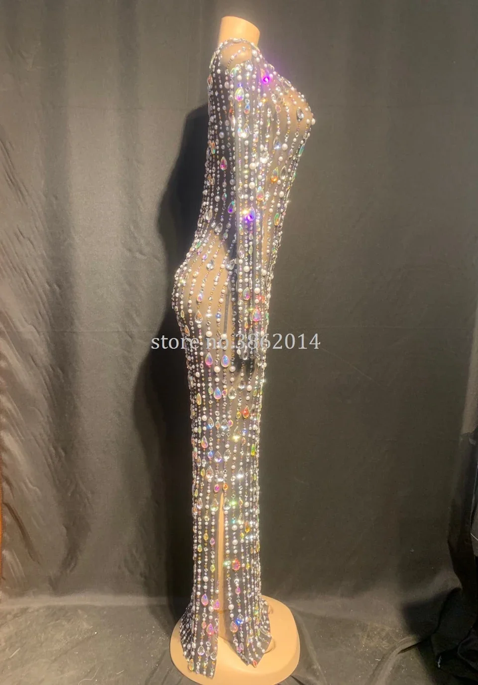 Błyszcząca Sukienka z Cyrkoniami i Perłami dla Kobiet, Sekowna Prześwitująca Sukienka Wieczorowa na Urodziny, Imprezę, Długa Sukienka do Sesji Zdjęciowej