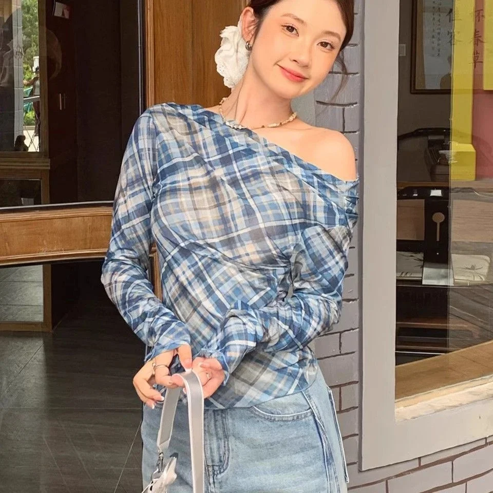 Sommer Neue Plaid Spitze ort Sve Lange Sve oulder Bared frauen Slim Fit T-shirt Cover up Koreanische Sle Pendeln Faion