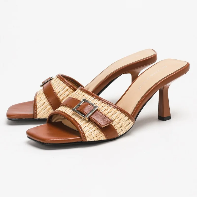 

Fashion Belt Buckle Design High Heel Slippers Women Sexy Square Toe Woven Slide Sandals Comfortable Beach Casual Shoe Flip Flops