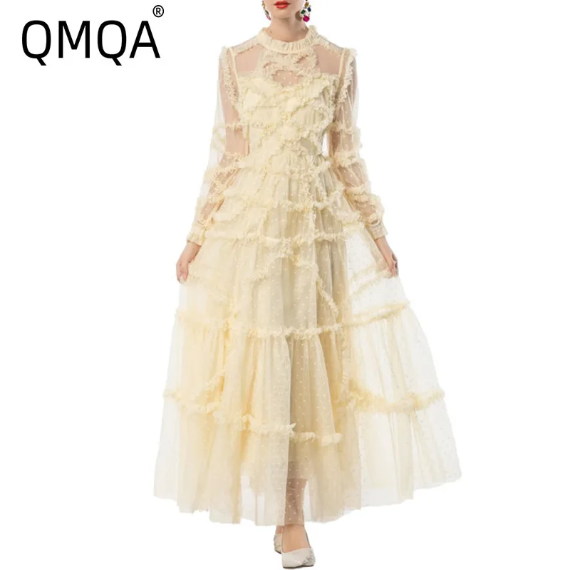 QMQA Fashion Women's Elegant Dresses Long Sleeve Ruffled Patchwork Large Hem Mesh Evening Party Long Dress 2026 Female New M1137