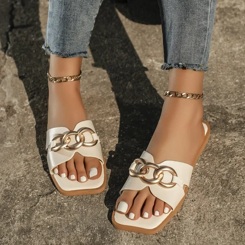 

Женские сандалии с квадратным носком, босоножки на плоской подошве с металлической пряжкой в сказочном стиле, 2024