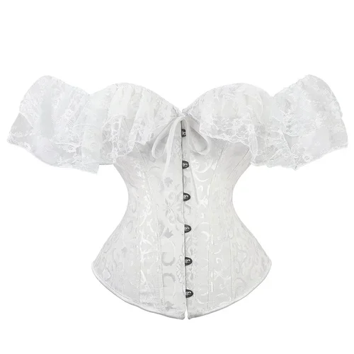 Tops de corsé por encima del busto para mujer con mangas Estilo vintage Victoriano Retro Burlesque Corsé de encaje y corpiño Chaleco Moda Blanco