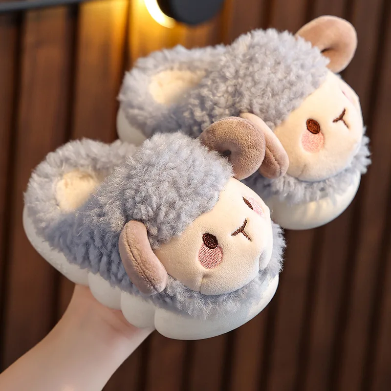 Children Slippers Indoor Plush Warm Cotton Shoes Boys Girls Cute Cartoon Sheep Home Slippers Baby Soft Sole Anti Slip Kids Shoes