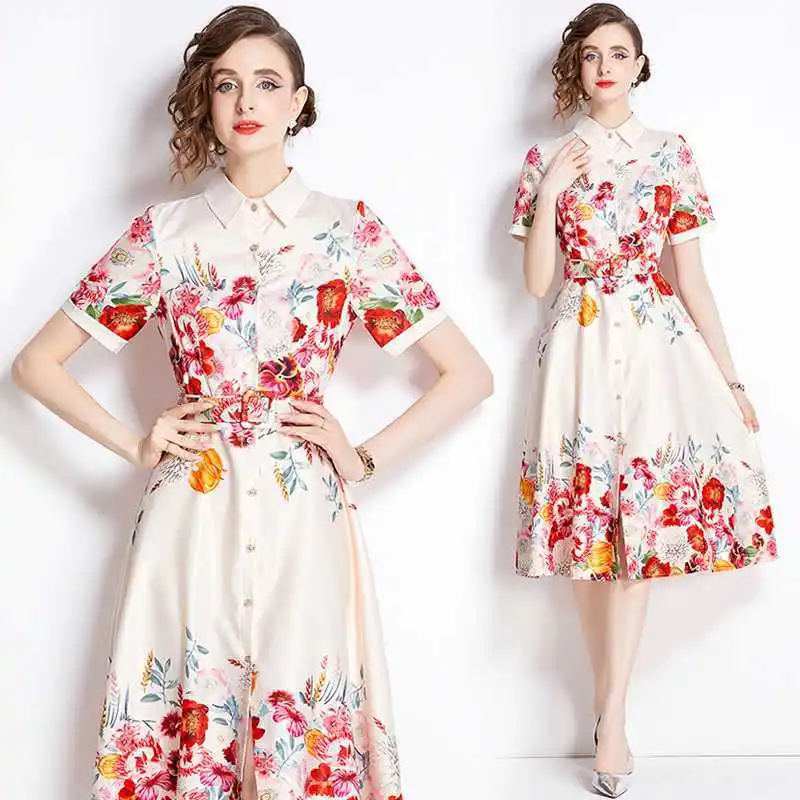 

Fashion All-over Waist Cut Print Short Sleeve Cardigan Dress with Belt