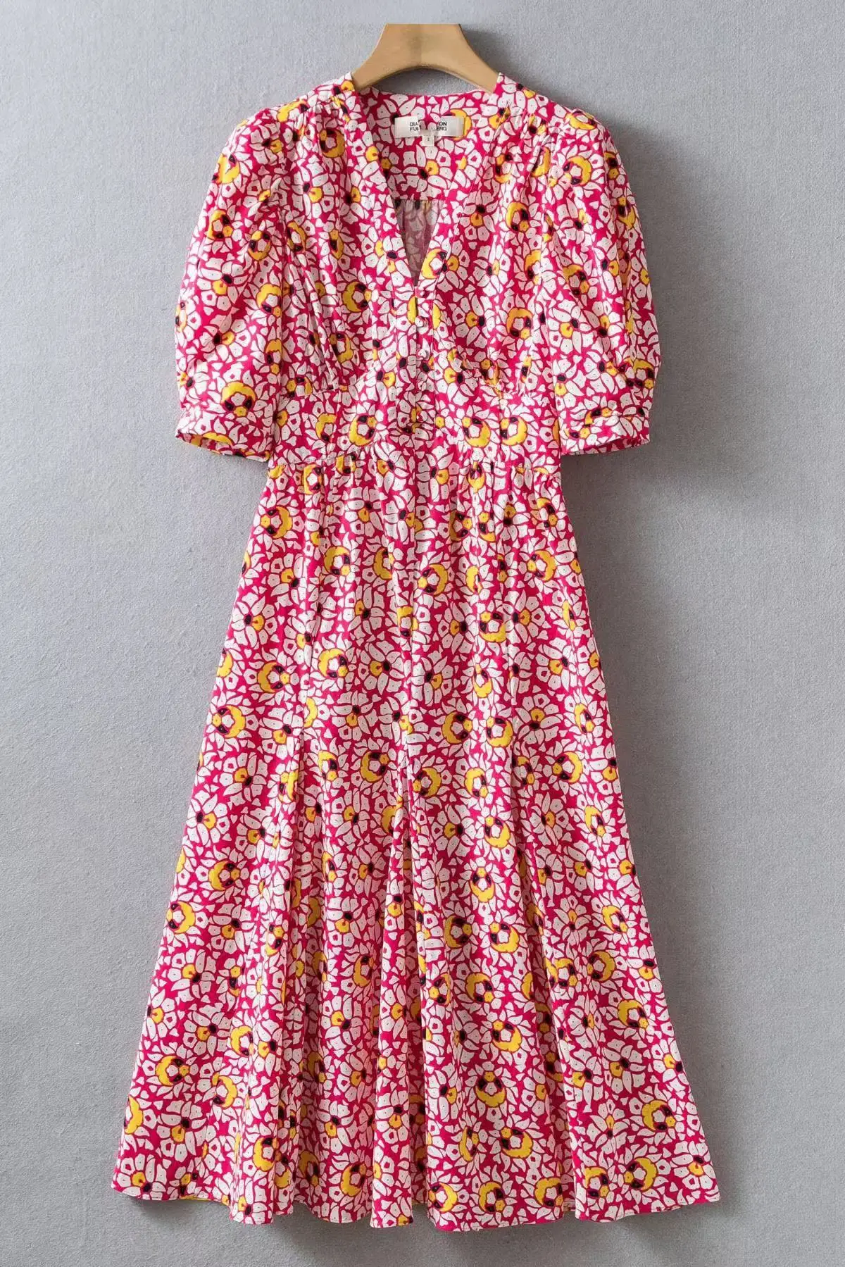 

Retro Pink Floral Print Wrap Dress | Puff Sleeve Ruffle Trim Stretch Cotton Dress | US2-US10