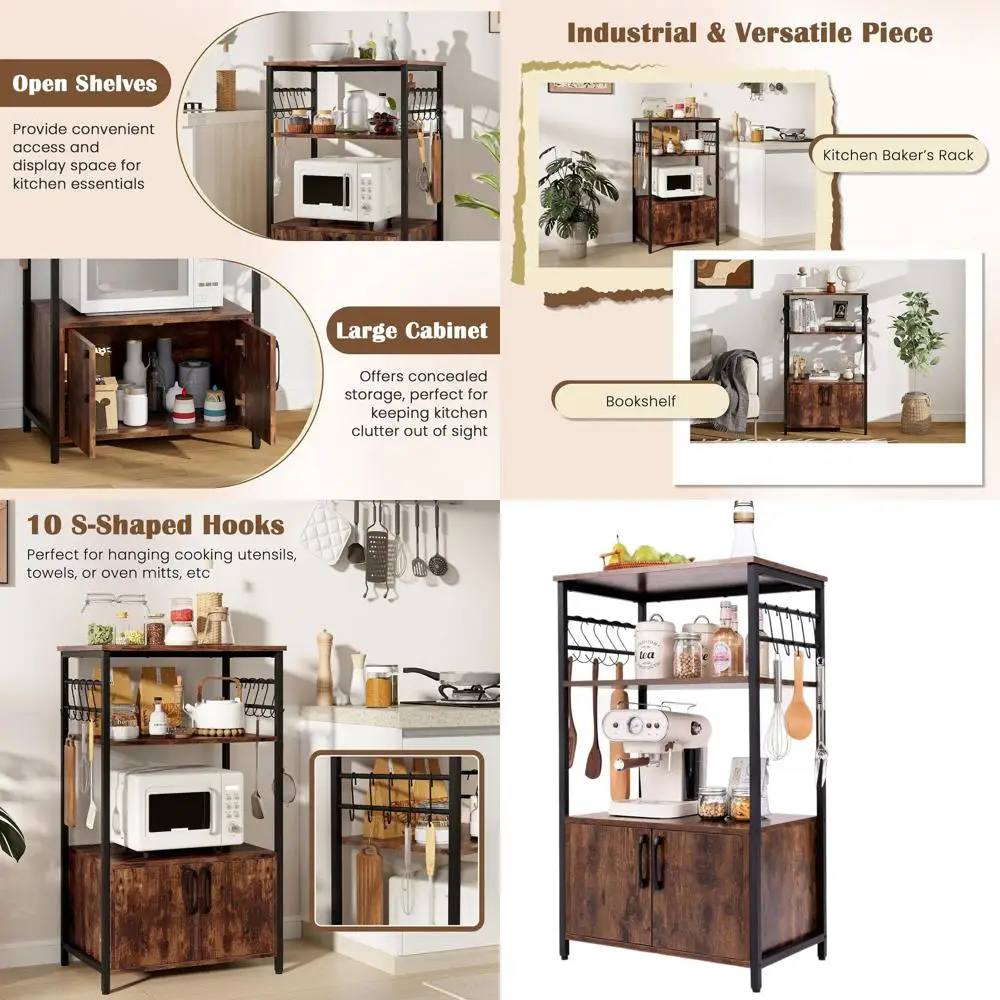 

3-Tier Pantry Cabinet with Cabinet, 2 Shelves, 10 Hooks, Metal Frame Microwave Stand, Living Room Bookshelf Rack, Brown