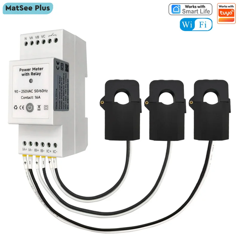 Smart WiFi Single 3 Phase Bidirectional Energy Meter 80A Current Sensor App Monitor Power Consumption and Production