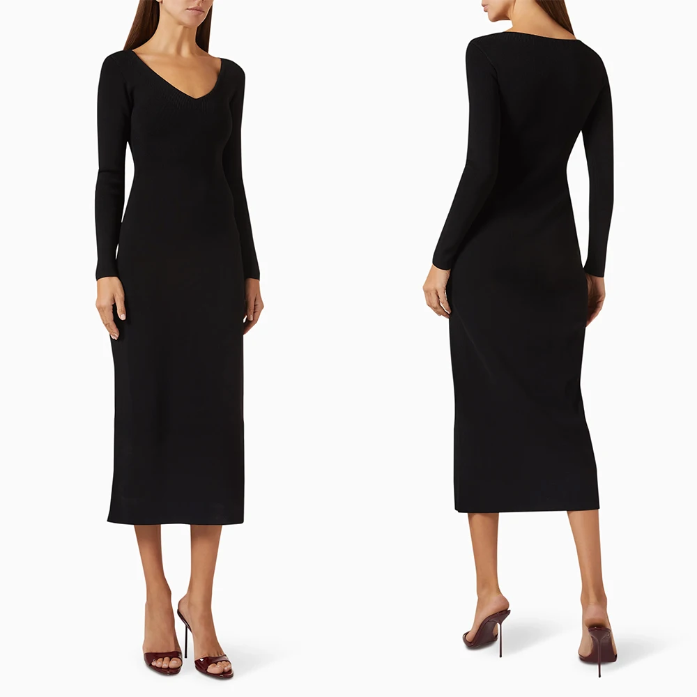 Customized V-neck Tea Length Full Sleeves Black Vestidos Elegantes Para Mujer Para Una Boda Dress for Women Robe De Soirée فستان
