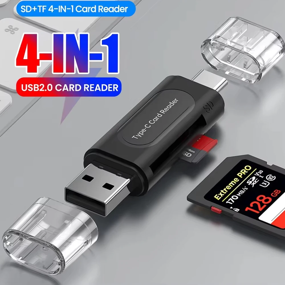 4-in-1 Multifunction USB TYPE-C Card Reader External Storage Black Stretch for Memory Stick USB 2.0 Mini SD TF Card