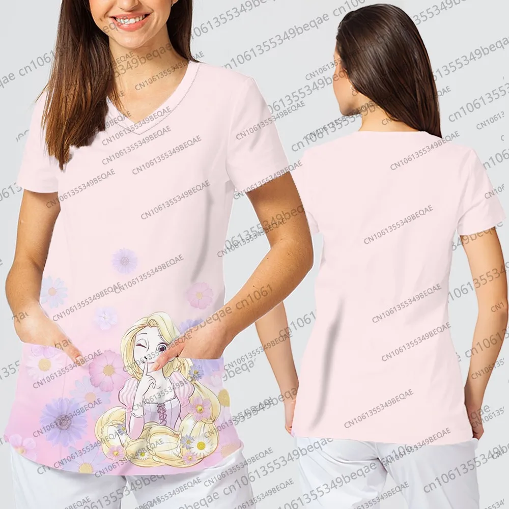 Disney dos desenhos animados impressão gráfica camisetas femininas verão casual com decote em v roupas estilo y2k na moda confortável uniforme de enfermeira para mulher