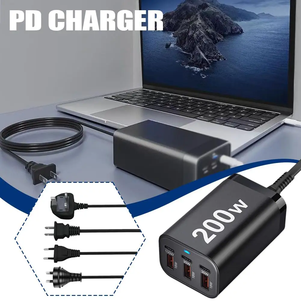 200W 6 Port USB C Fast GaN Charger Multi-function PD Adapter Charging Power F5B8