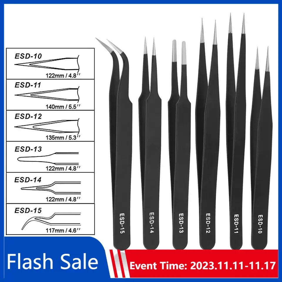 6 Pcs Precision Tweezers ESD Stainless Steel Antistatic Industrial Electronic Components Maintenance and Antistatic Pincet