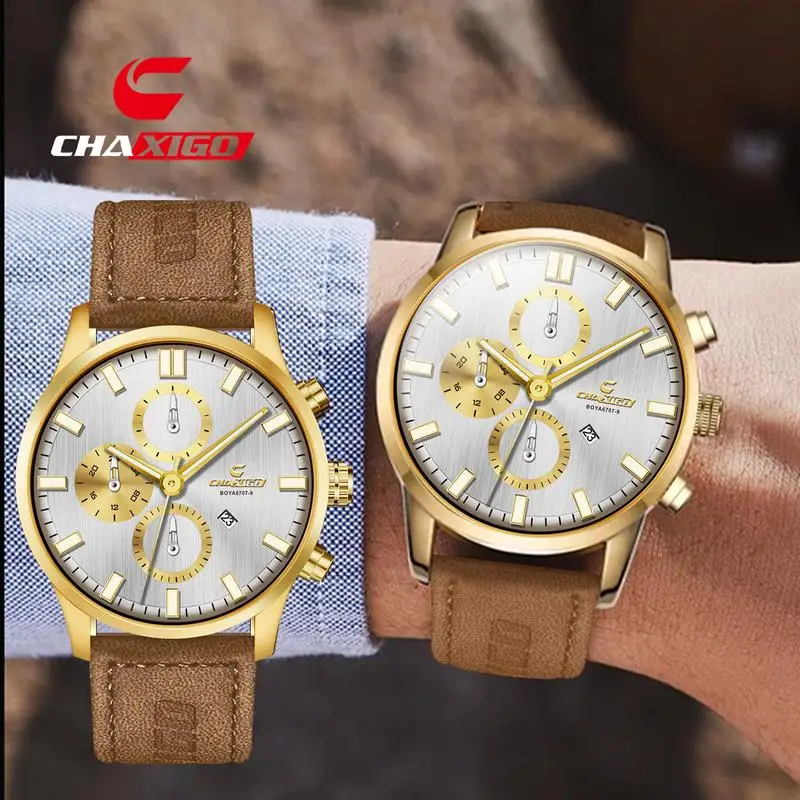 

CHAXIGO модные мужские деловые водонепроницаемые кварцевые часы с деловым ремнем, светящиеся часы с датой, мужские часы с большим циферблатом 6707-9