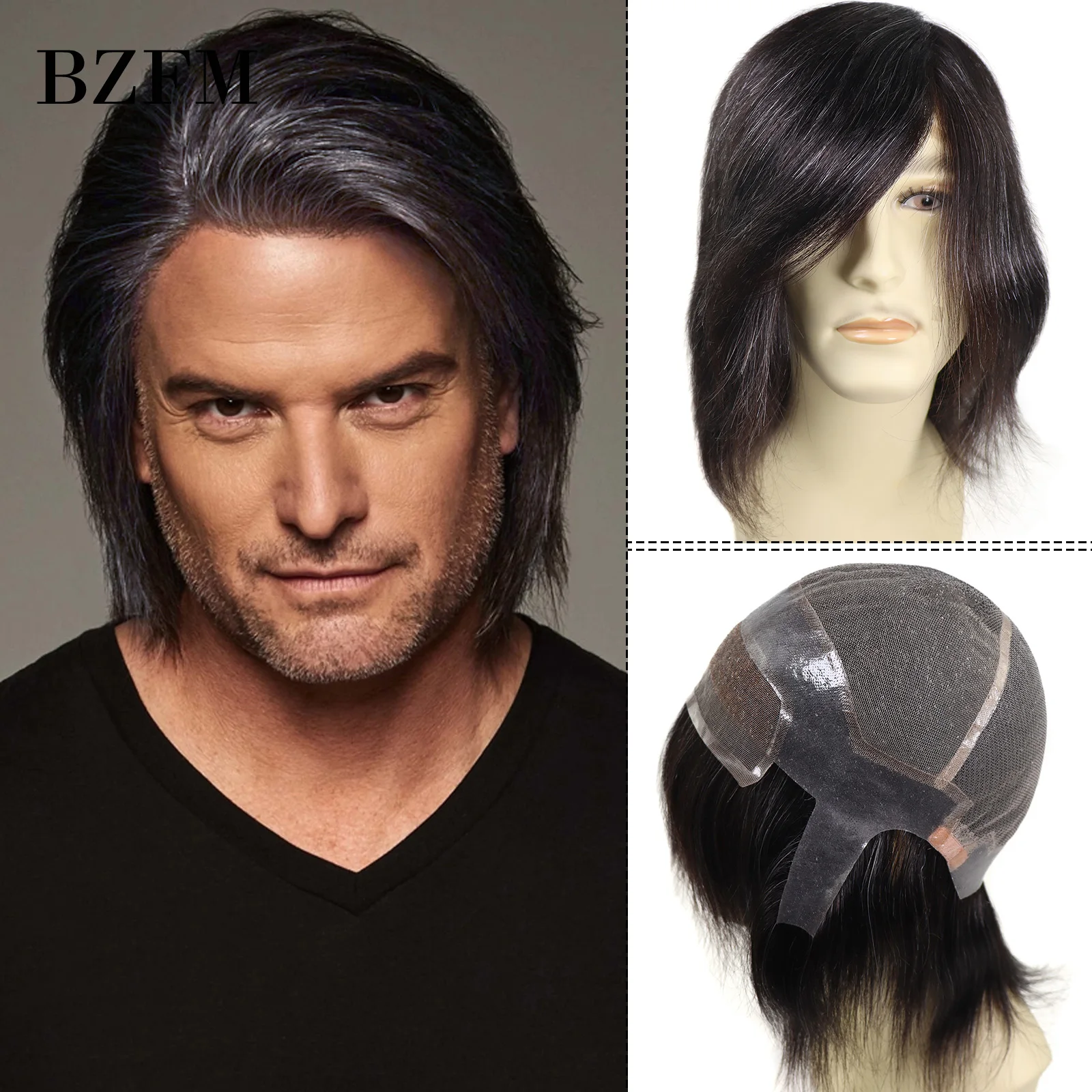 1B20 Grey White Straight Human Hair Mens Wigs Lace+PU Around 6