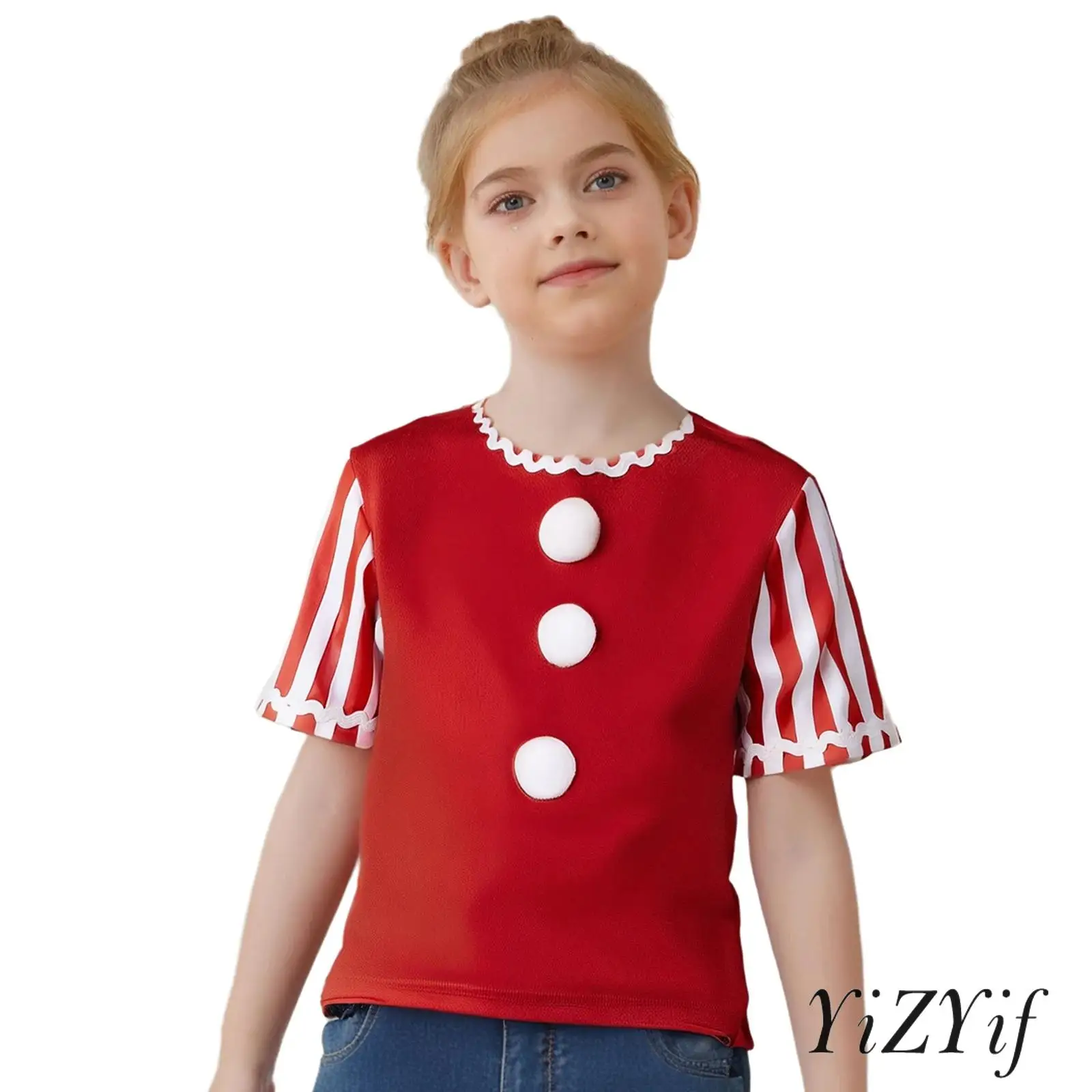 

Girls Christmas Gingerbread Man Costume Stripes Pompoms Gingerbread Elves T-shirt Velvet Party Dress Up Costume for Xmas Party