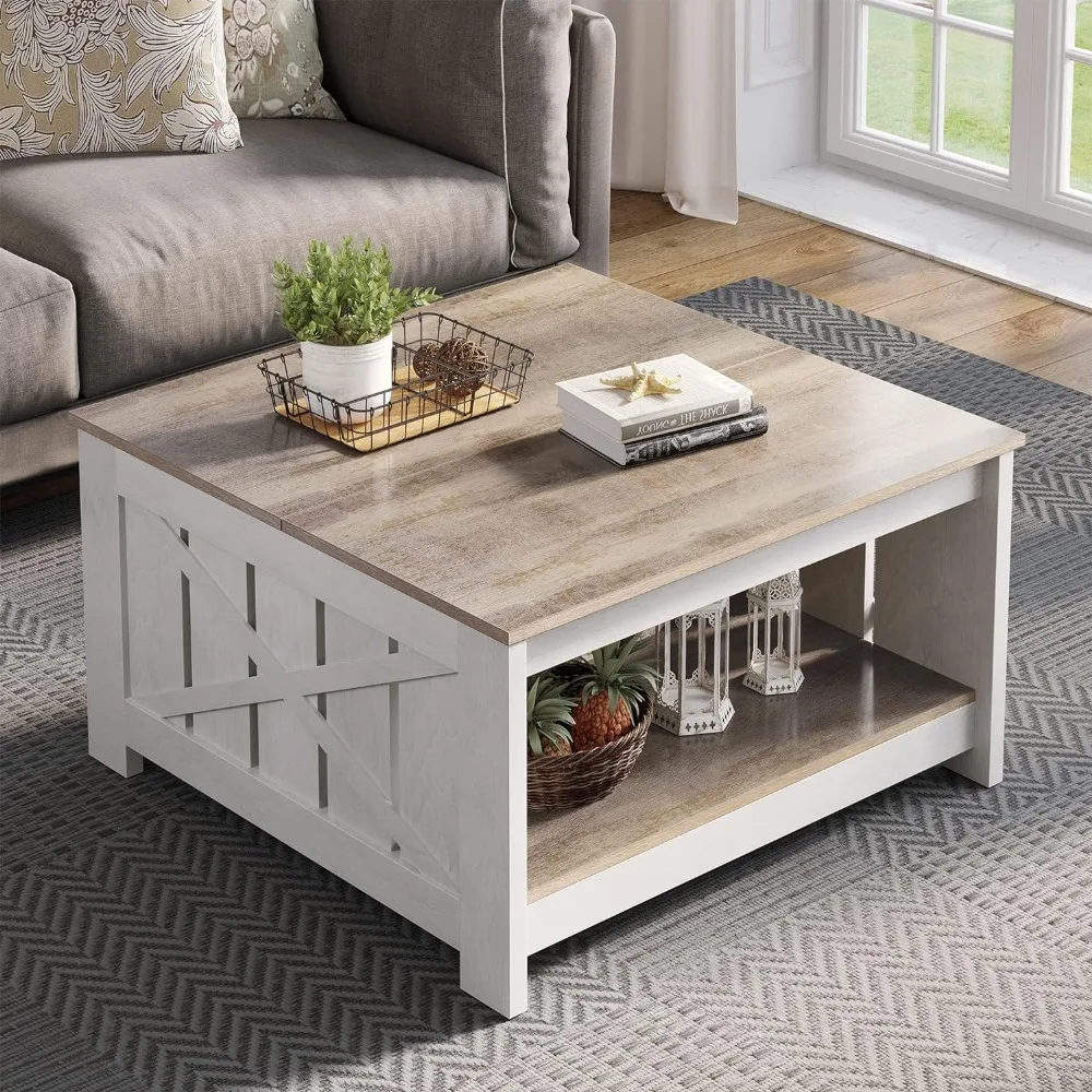 

Farmhouse Coffee Table with Storage Rustic Wood Cocktail Table, for Living Meeting Room with Half Open Storage Compartment Grey