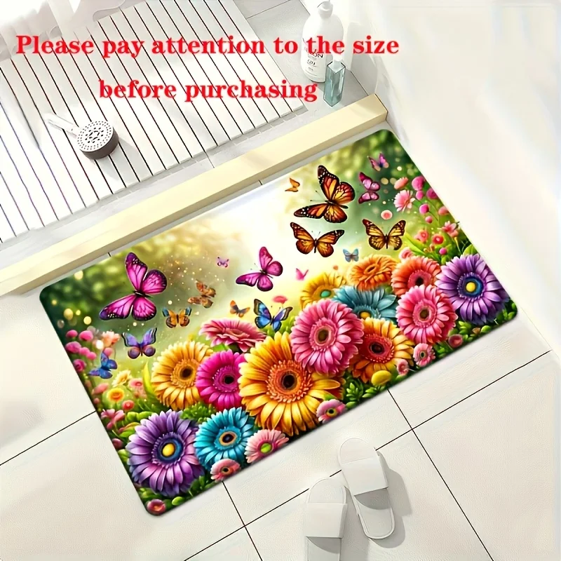 Sunflower and Butterfly Pattern Kitchen Mat, Absorbent and Non-Slip, Comfortable Standing Mat, Mat for Living Room, Bedroom, B
