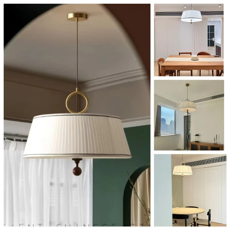 French Medieval Style Restaurant LED Pendant Light Living Room Study Room Exhibition Hall Bedroom Minimalist Fabric Hanging Lamp