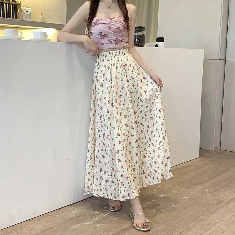 

Gagarich French Apricot Blossom Large Swing Skirt Women Summer New Mid Length Slim High Waist Chiffon Long Skirts