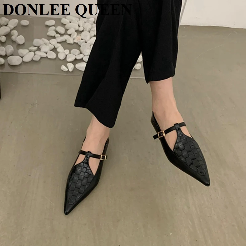 Fashion Pointed Toe Flats Heel Shoes Women Loafers 2023 New Autumn Dress Shoes Ankle Strap Mary Jane Shoes Brand Weave Ballerina