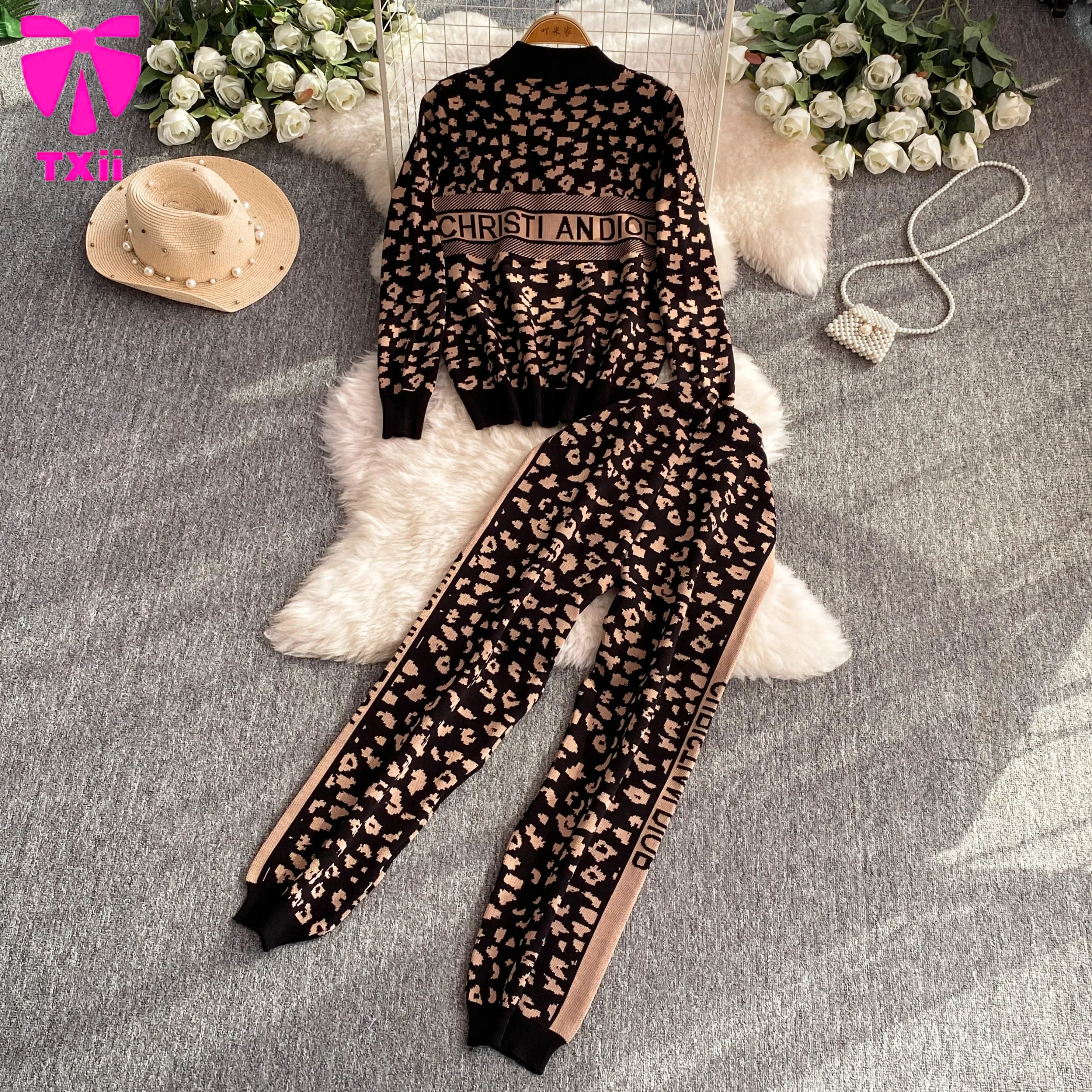 TXii Chic Fashion Korean 2PC Suits Ladies O-Neck leopard-print Knitting Cardigan+High Waist Wide Legs Pants Basic Casual Sets