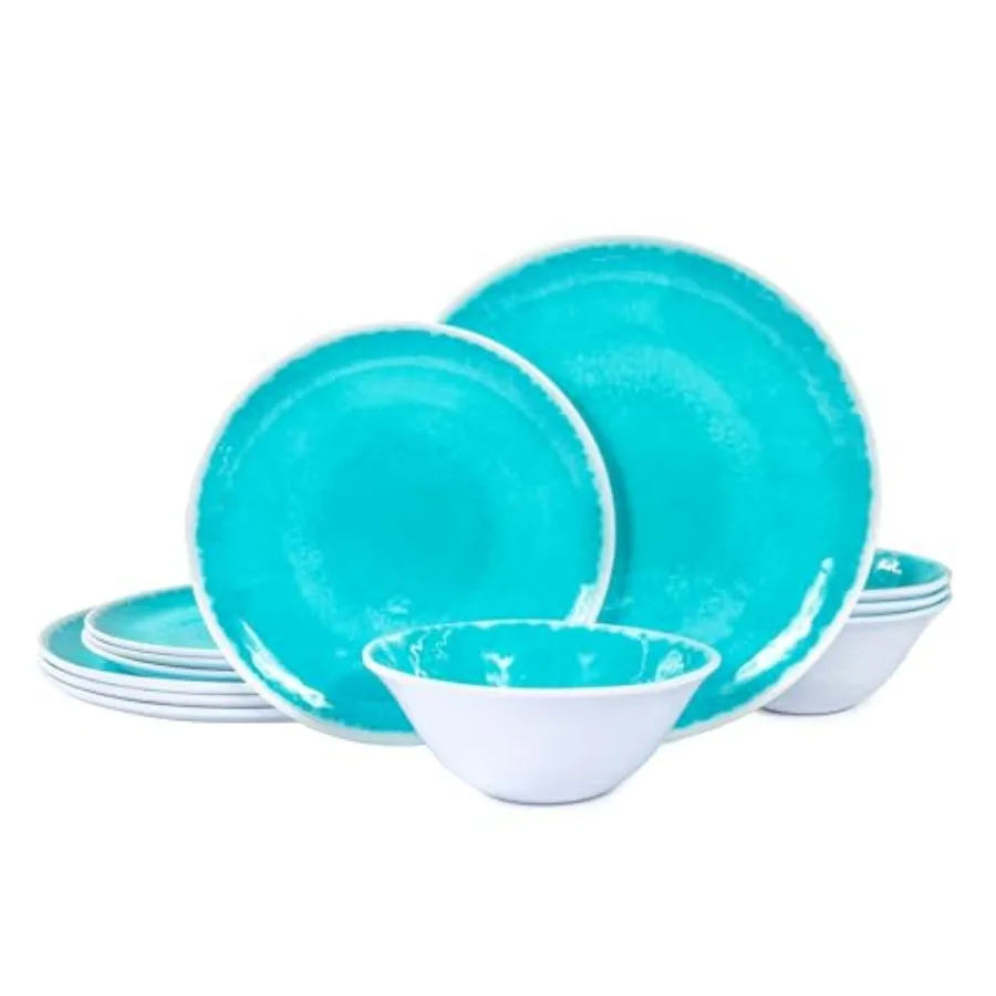 

Melamine Dinnerware Sets 12 Pcs, Melamine Plates and Bowls, Party Plates and Bowls Sets, Camping Dishes Set for 4, Unbreakable,