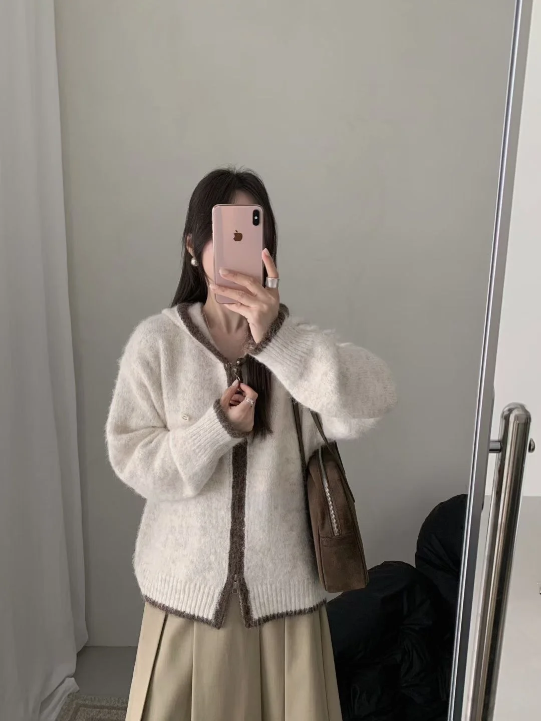 الكورية Sle لينة Plu يشعر تقسم اللون مقنعين سترة مشغولة من الصوف أوائل الخريف تصميم الصدر قطعة حديد صغيرة المرأة جا... #3