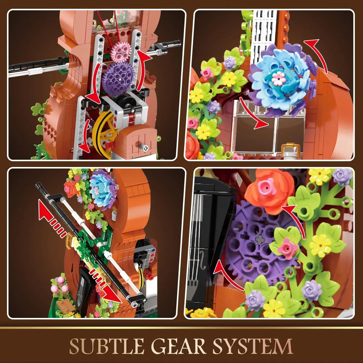 Ensemble de construction de boîte à musique violon à fleurs avec bouquet LED, décor de système conduit par engrenage, cadeau créatif pour femme, enfants de 6 ans et plus