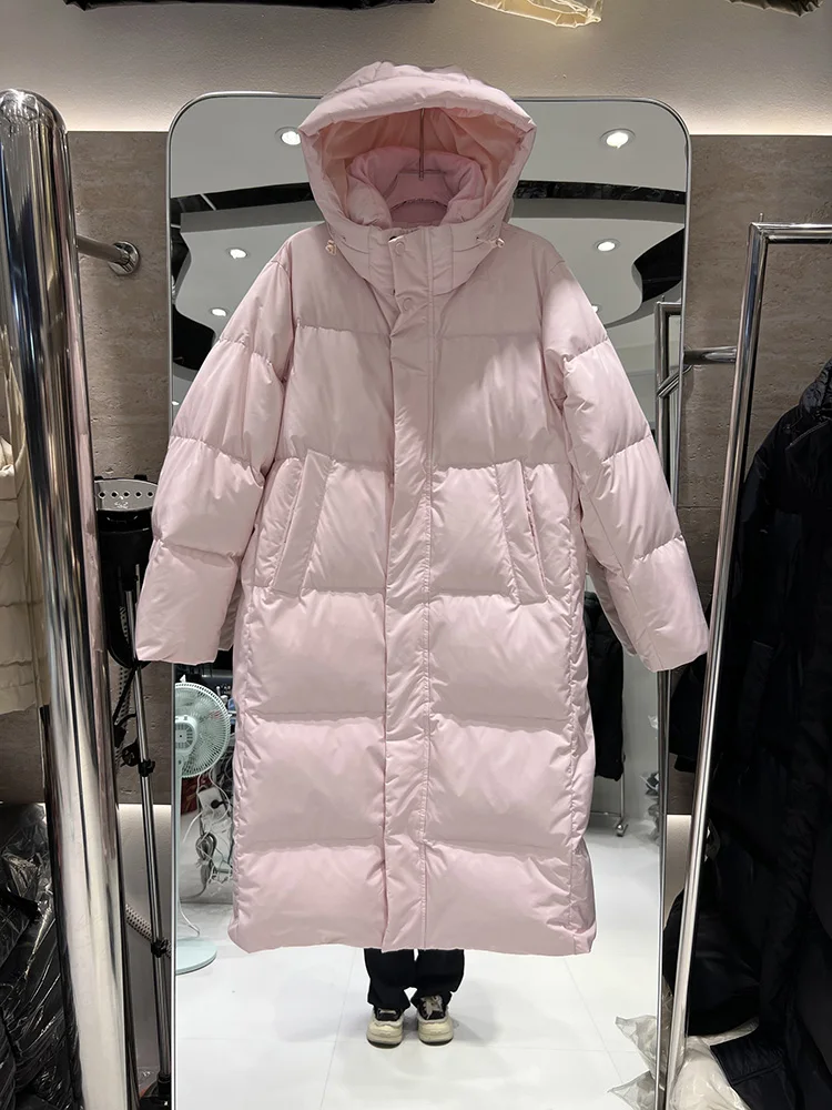 Vrouwen Dikker Effen Kleur Witte Eend Donsjacks Herfst Winter Losse Lange Capuchon Knie Over Rechte Buis Warme Jassen