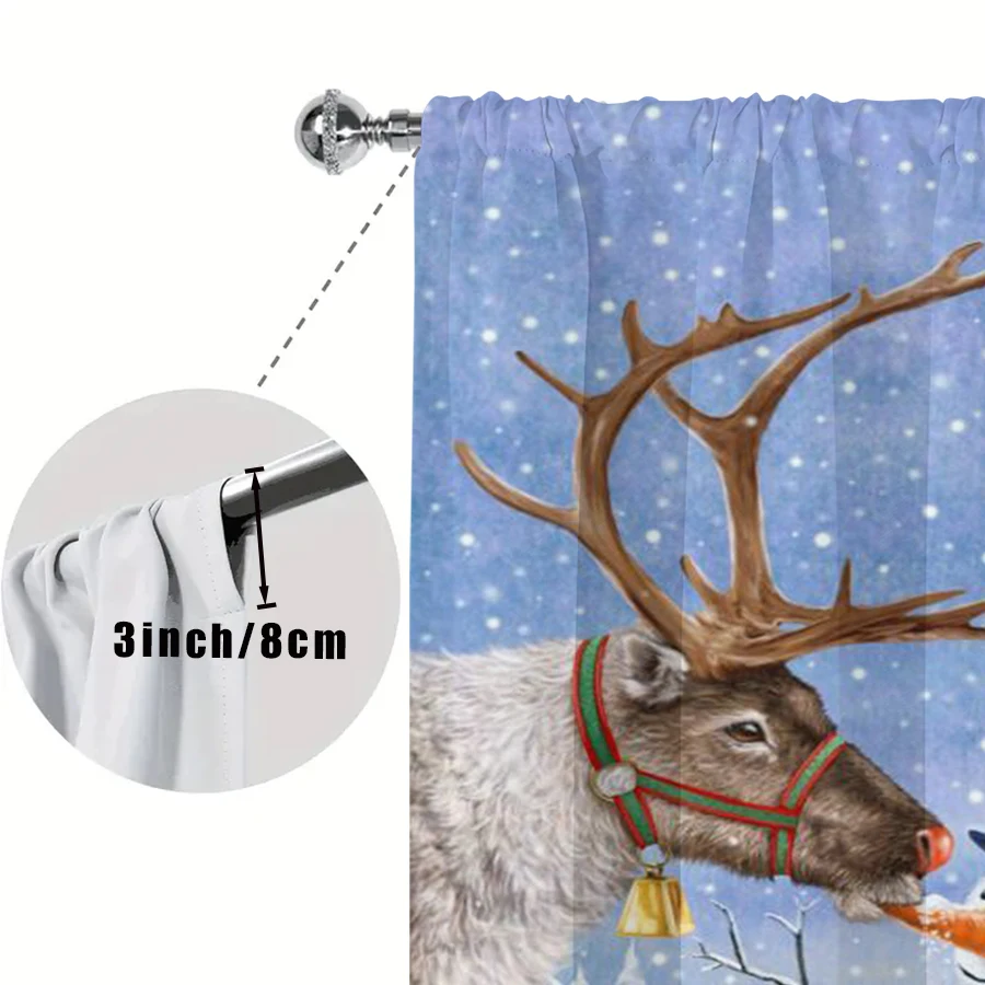 2PCS Reindeer Snowman Christmas Curtains, Blue Snowy Scene Bell Bird Winter Holiday Window Drapes for Bedroom Living Room
