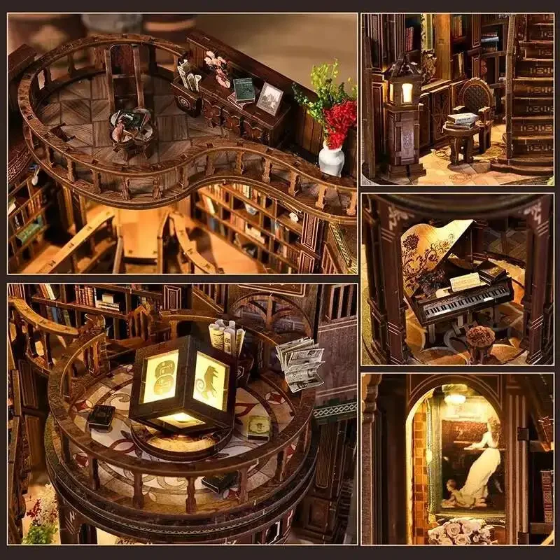 

888pcs Creative Retro Wooden Book Hall House Miniatures DIY Kit LED Lights Handmade Figurines Desk Decor Adult Gifts