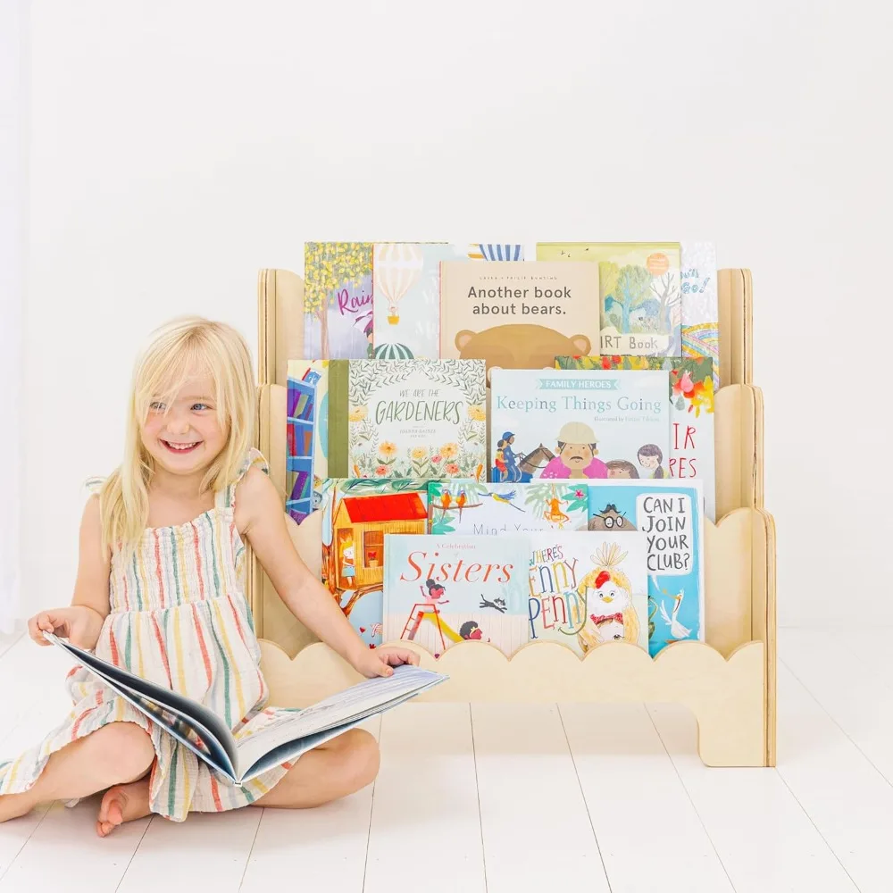 Wooden Children's Bookshelf with Scalloped Edges - 3 Tier Children's Montessori Bookshelf with Perfect Height