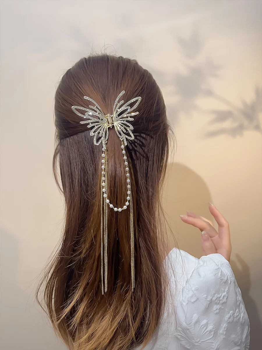 プリンセススタイル蝶タッセルヘアクリップ女性のハーフアップドゥシャーククランプ甘い帽子ファッショナブルなヘアアクセサリー