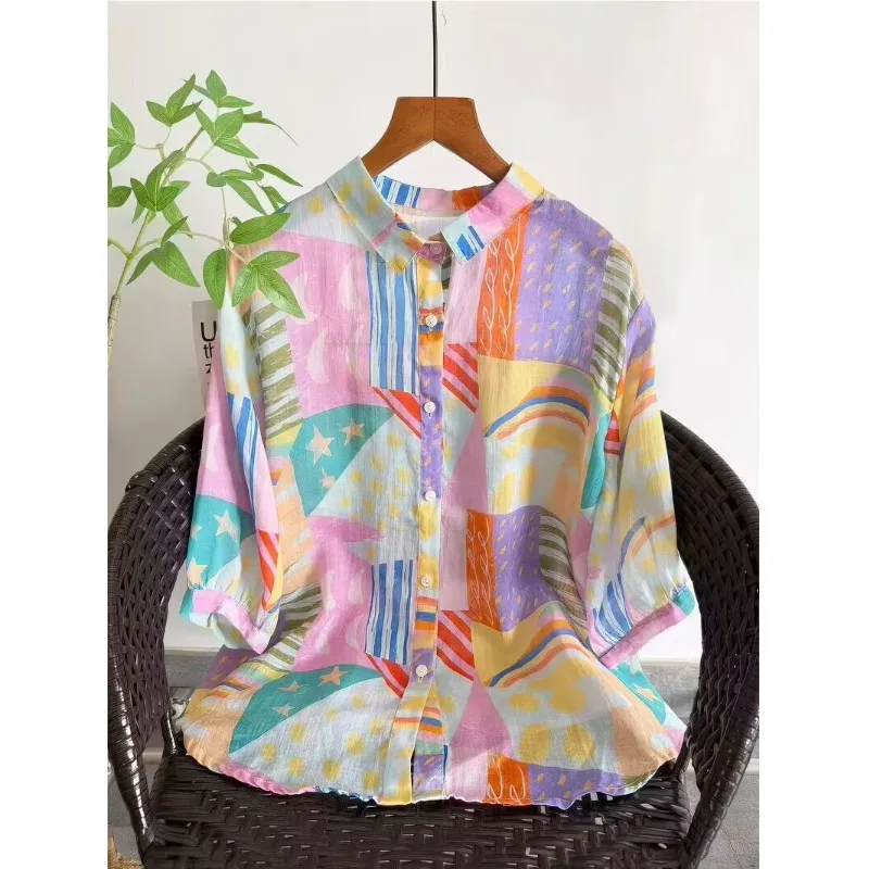 

plus Size Women's Shirt Summer New Style Vacation Theme Single Button Flip Collar Coat Top Loose Fit Short Sleeve Floral Print