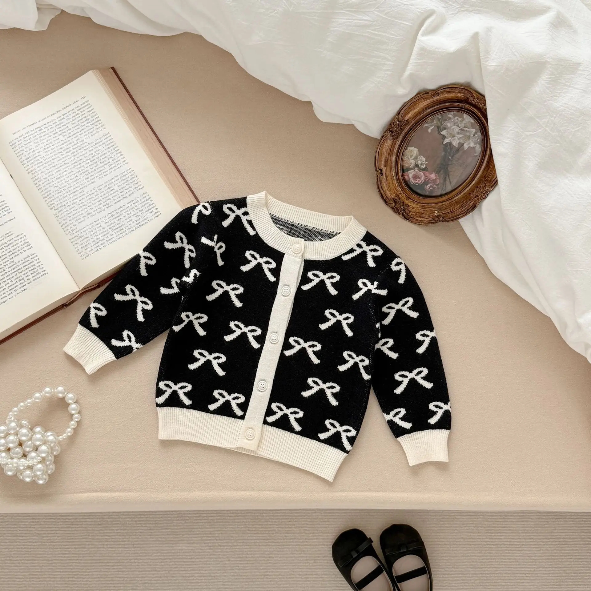 Toddler Girls Clothes 0-3Y Spring Knit Bow Pattern Long Sleeve Sweater + Overalls Bodysuit Cute 2Pcs Baby Girls Knitted Outfits