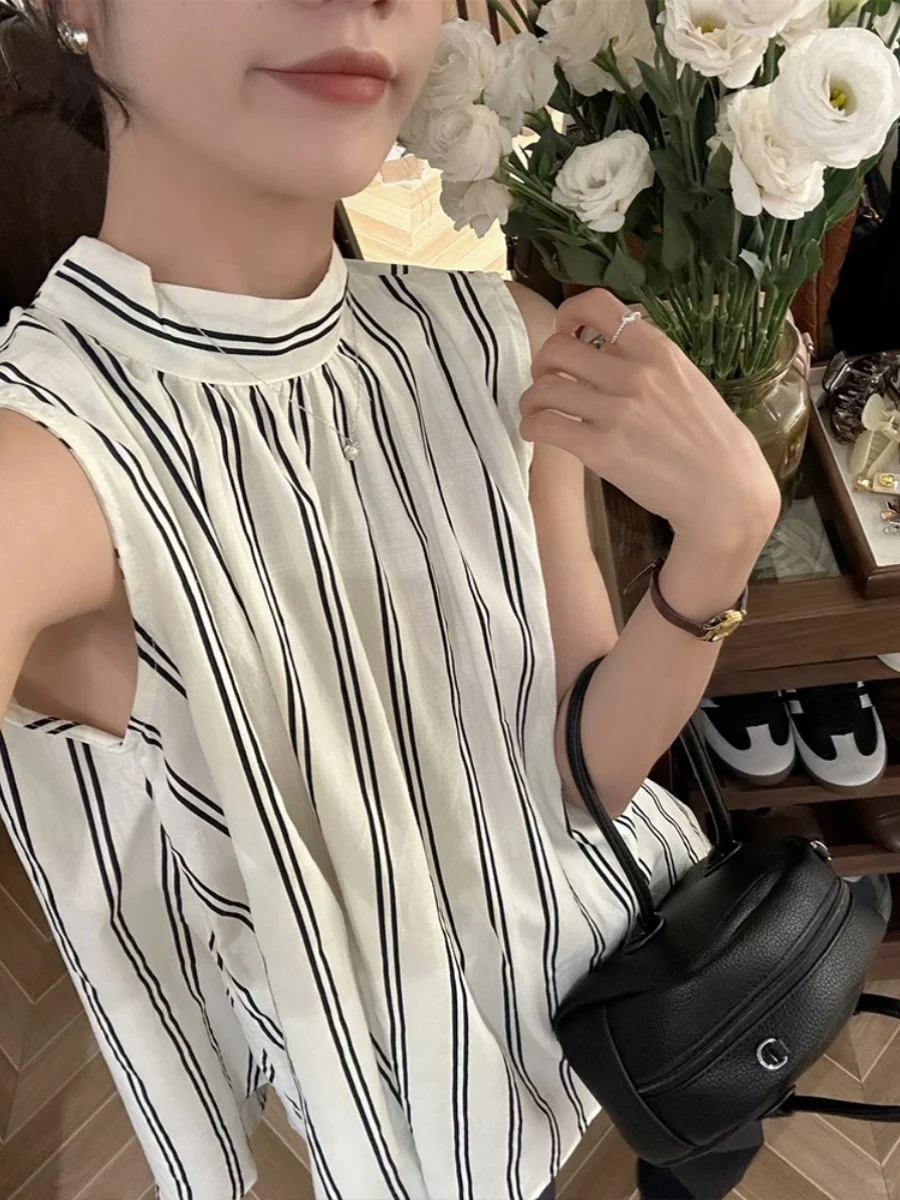 

Summer New Sle Loose Fit Stripe Silk Women's irt Svel Hoodie Thin Material French Sle Casual Faion Top