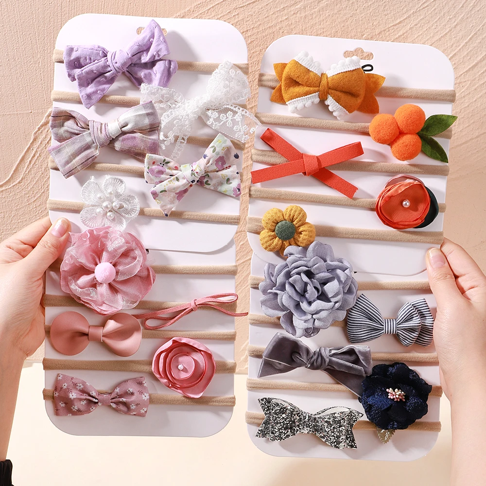 Sweet Baby Elastic Nylon Headband Newborn Flower Lace Bow Hair Bands for Girl Infant Toddler Soft Babe Hair Accessories 5pcs/set