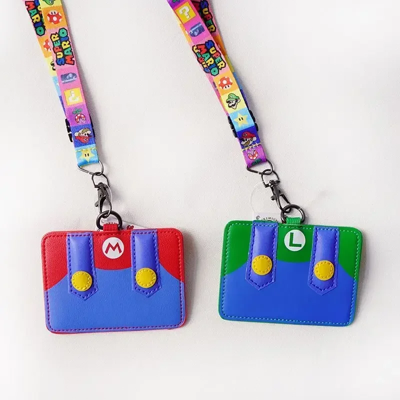 Super Marios Bros Card Holder PU Leather Lanyard Anime License Students Bus Campus Meal Credit ID Case Kids Creative Card Cover