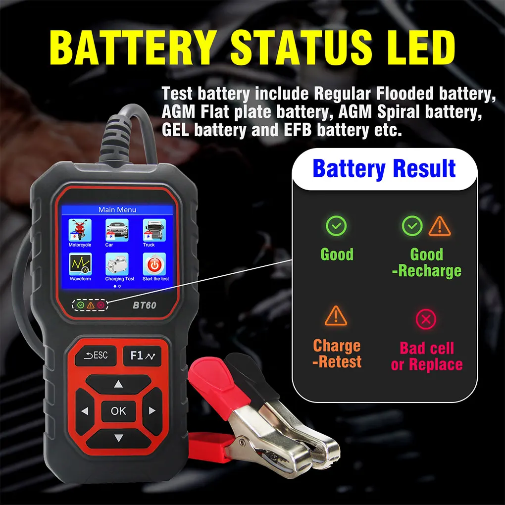 BT60 Car Battery Tester 6V 12V 24V Detection Car Battery Analyzer Battery 2.4inch Car Battery Tool for Car Truck Motorcyle RV