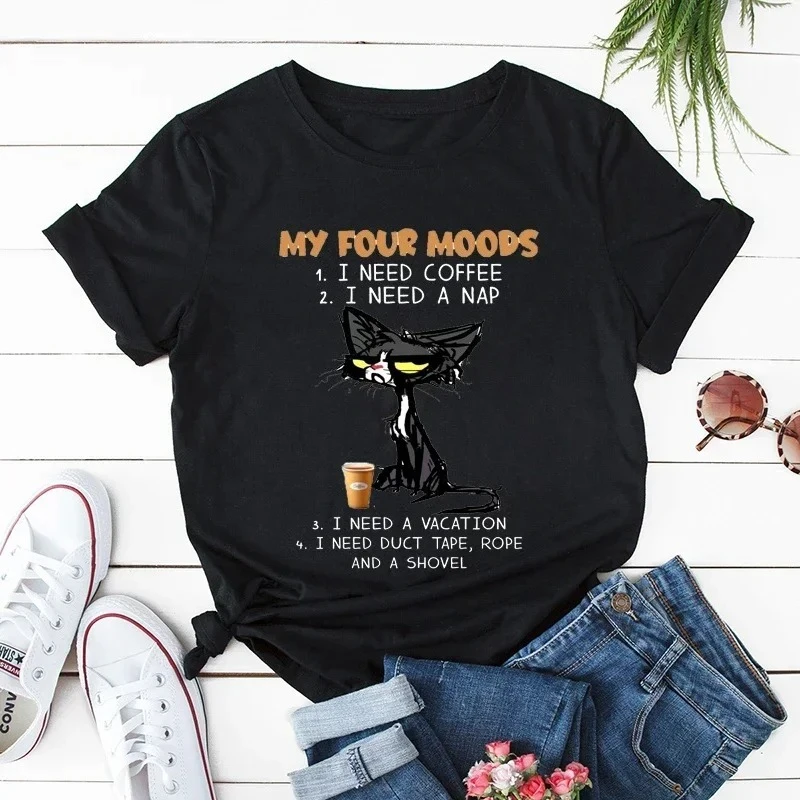 My Four Moods Lazy Cat Anime Tops Short Sleeves Women's T-shirts Tops Cute Coffee Black Sleepy Cat Top Y2k Short Sleeves Clothes